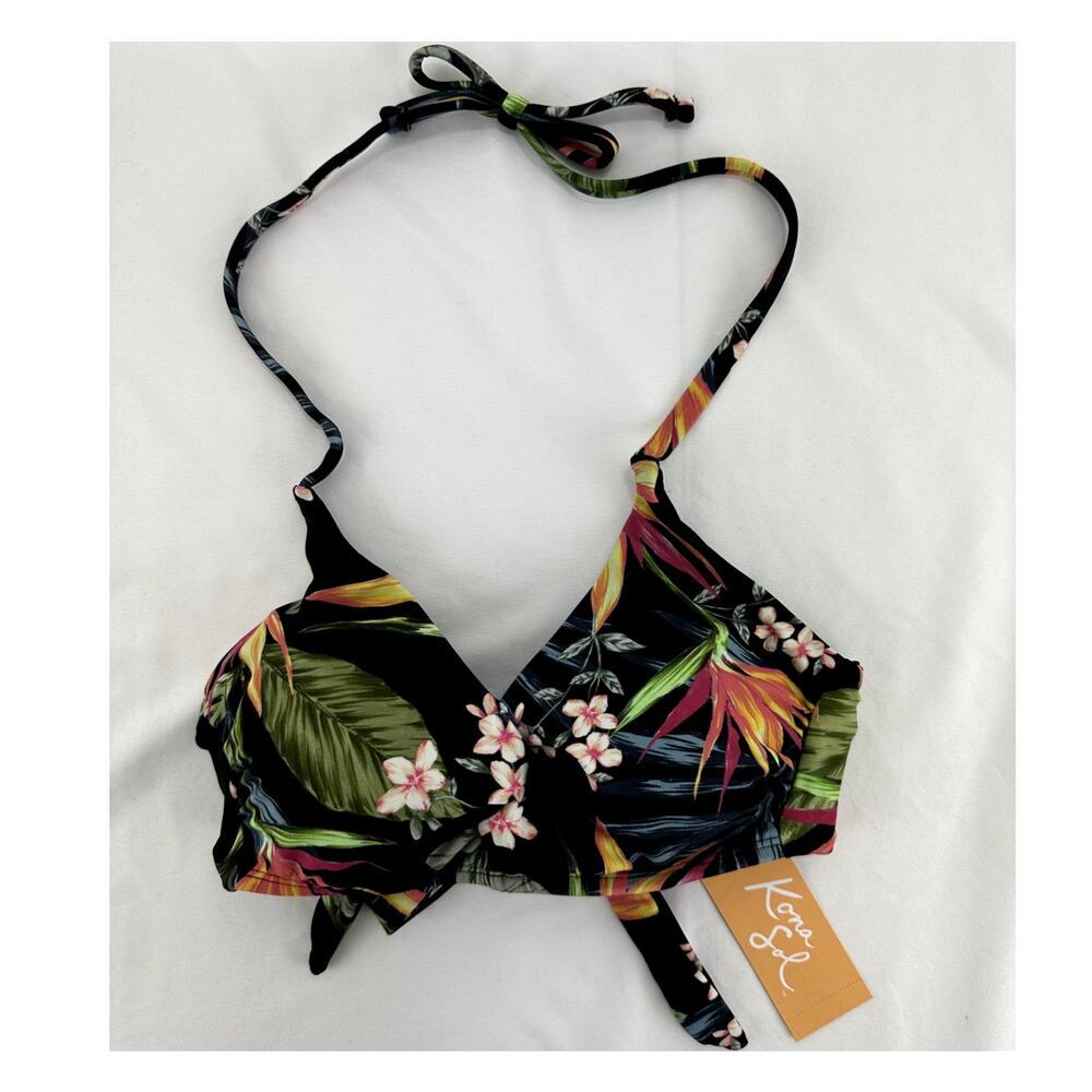 Kona Sol Womens Bikini Top Halter Black Floral Tropical Print Size S (4-6) NWT
